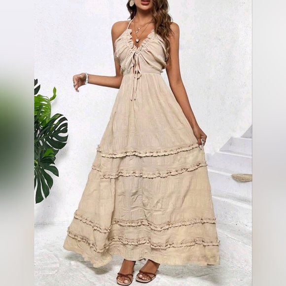 NEW Boho Tie Back Halter Ruffle Maxi Dress Beige Tan Nude - Picture 4 of 11